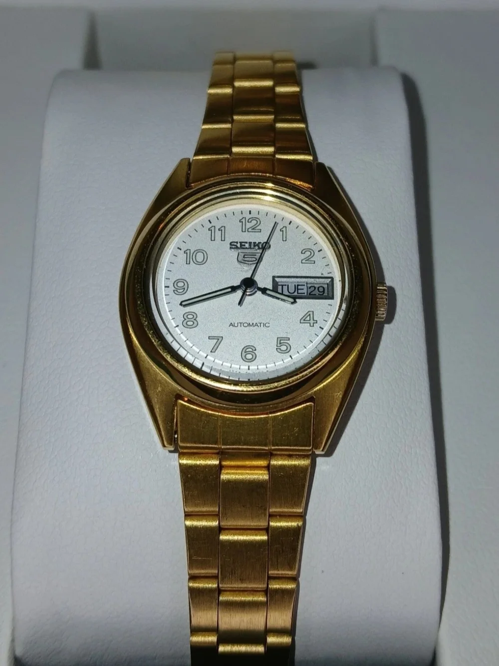 ​Seiko 5 Automatic Watch Gold Tone White Dial Day Date 4206-0600 Runs Vintage